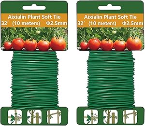 Aixialin Plant Ties 2 Pack Total 65.6FT, Green Soft Garden Wire Twist Ties Reusable Flexible Garden Twine Heavy Duty Rubber Plant Ties for Supporting Tomato Cages, Vines, Cables, Home & Office Use