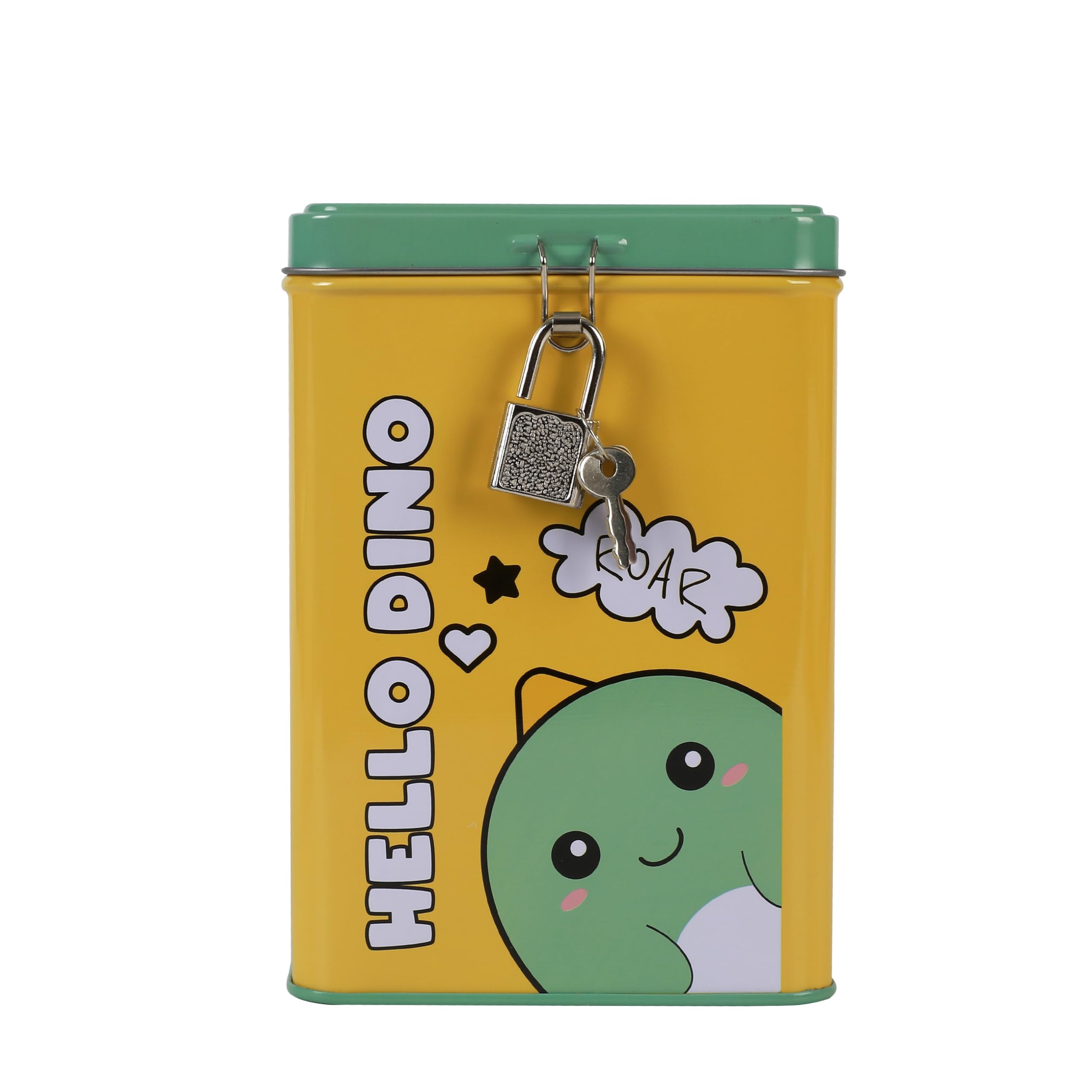 I-TOTAL® - Fun MONEY BANK with padlock and keys/Metal Money Bank with closure (HELLO DINO)