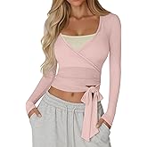 Sweetyweee Women's Wrap Tie Tops Slim Fit Ballet Pilates Yoga Workout Active Shirts Long Sleeve V Neck Casual Tees(Pink,Medium)