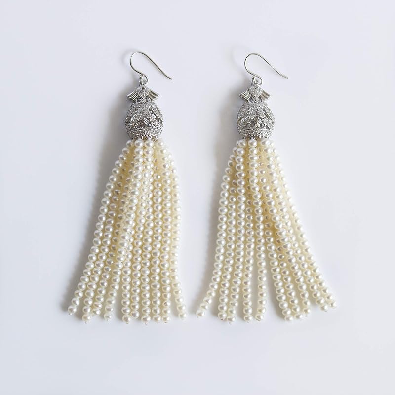 Pearl Tassel Earrings in Silver Amazon.co.uk Handmade