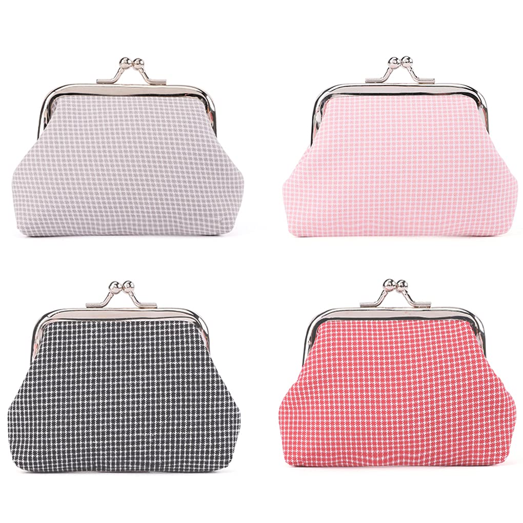 Oyachic 4 Pack Pink Plaid Kiss Lock Coin Purse, Vintage Coin Pouch for Women