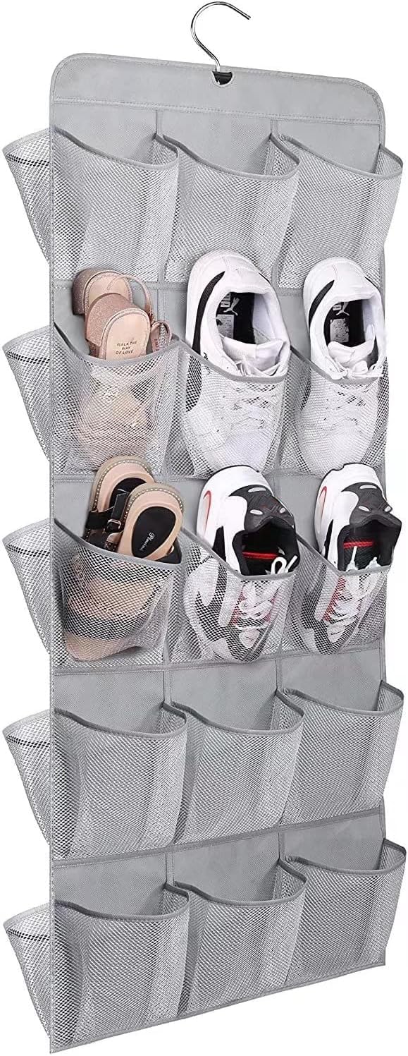 MISSLO 30 Large Pockets Hanging Shoe Rack Storage Organiser for Wardrobe Rail with Rotating Shoe Hanger Toddler, Dual Sided, Grey