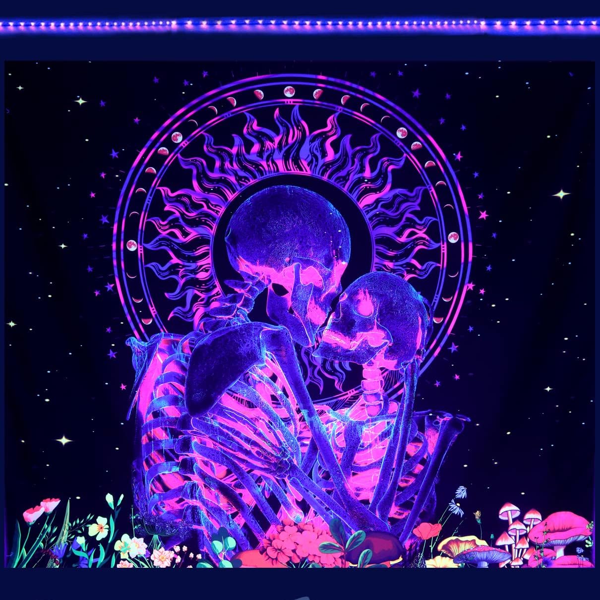 Tapestries - 59”x51” Blacklight Tapestry for Bedroom Aesthetic Skull Tapestry Glow in the Dark Blacklight Skull Tapestry Wall Hanging Moon Phases Tapestry Floral Plants Tapestry Sun Glow Dark Tapestry Black Purple