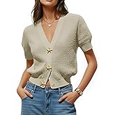Saodimallsu Womens Puff Short Sleeve Cardigans V Neck Button Down Casual Summer Lightweight Knit Sweater Tops
