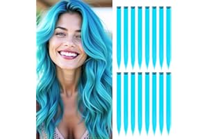 HappClan Teal Hair Extensions, 16 Pcs Colored Highlights Clip in Hair Extensions Synthetic, 22 inch Rainbow Hairpieces for Girls Women Kids Favor Gift & Cosplay Party Birthday(Pure Cyan/Teal Hair)