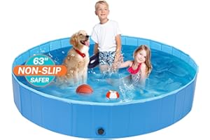 Jazzy Fuzzy Foldable Pool for Large Dogs, 6MM Thickened PP Board, 3 Layers Mesh PVC & Non-Slip Embossed PVC, Collapsible Hard Plastic Summer Swimming Pool, Portable Bath Tub for Pets Cats 63''