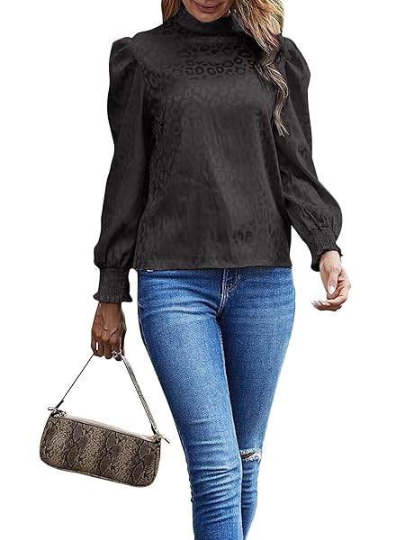 LYANER WOMEN’S SATIN MOCK NECK PUFF LONG SLEEVE KEYHOLE WORK BLOUSE TOP BLACK LARGE