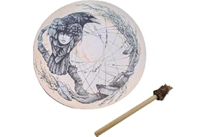 MISNODE Shaman Drum, Siberian Drum with Drum Stick, 9.8 in Shaman Drum Vegetarian Drum, Symbol of the Siberian Drum Spirit Music, Vintage Round Instrument Drum(Crow)