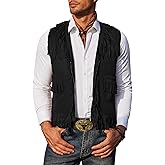 COOFANDY Men's Western Cowboy Vest Casual Fringe Hippie Costume V Neck Zipper Suede Leather Waistcoat