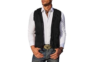 COOFANDY Men's Western Cowboy Vest Casual Fringe Hippie Costume V Neck Zipper Suede Leather Waistcoat