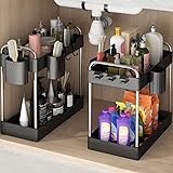 VIVAIVE 2 Pack Under Sink Organizer,2 Tier Under Sink Storage Organizer with Hooks and Hanging Cups for Bathroom,Kitchen Mult