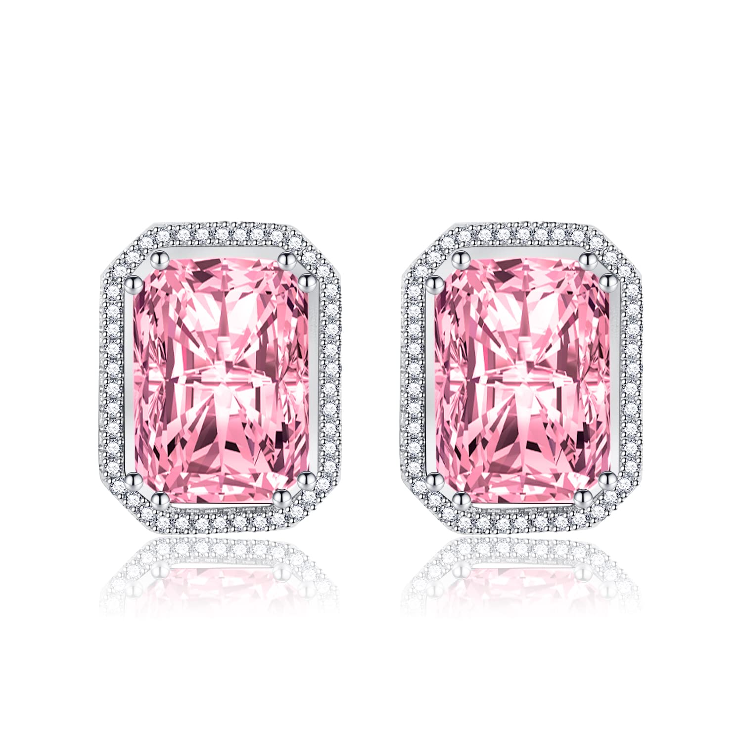 Shuxin Sterling Silver Stud Earrings for Women, Silver Rectangle Cubic Zirconia Stud Earrings, Big Pink Faux Crystal Diamond Gemstone Studs Earrings, Bridal Earrings for Brides Bridesmaids Wedding