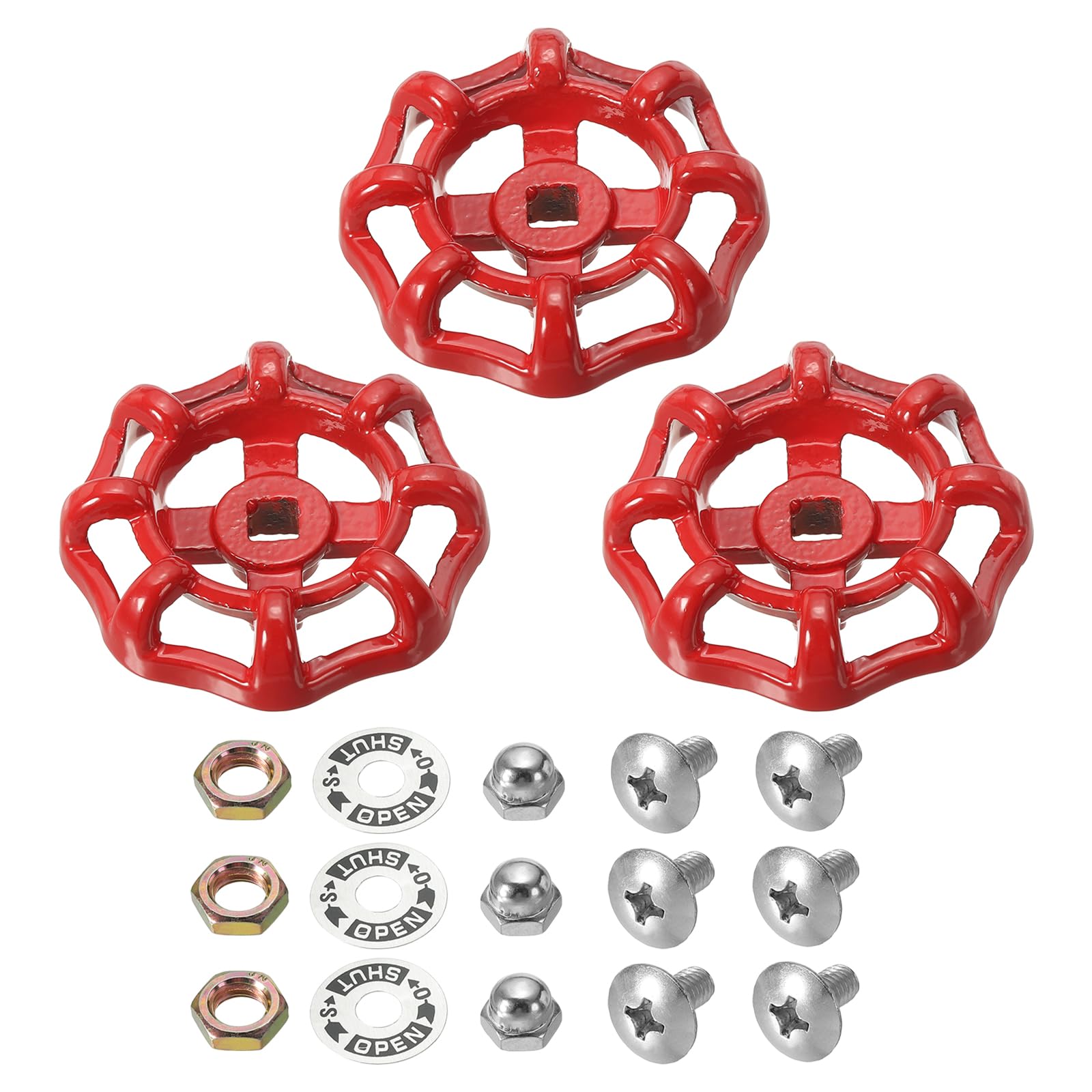 PATIKIL Outside Faucet Handle Square Stem Hole 7x7mm, Cast Steel Round Wheel Faucet Handles Replacement Water Spigot Handle with Screws Spacer, Red, 3Pcs