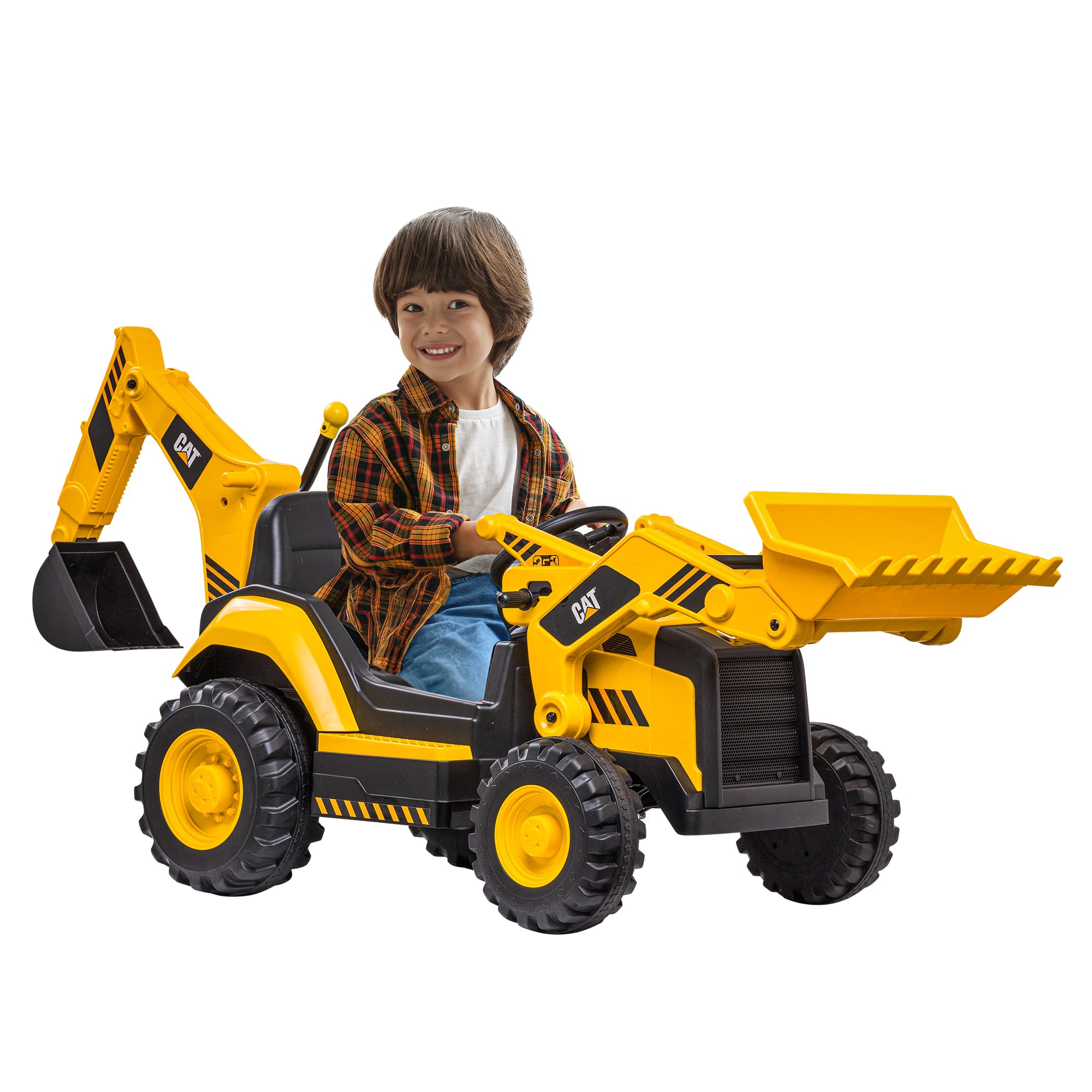 Kid Trax 12V CAT Backhoe Loader - Ride On Excavator Construction Toys for Boys w/Realistic Sounds, 2.5-5 mph Mini Bulldozer, Indoor/Outdoor Tractor Toys, Sturdy Toy Cars for Toddlers 3-6, Up to 66lbs Image