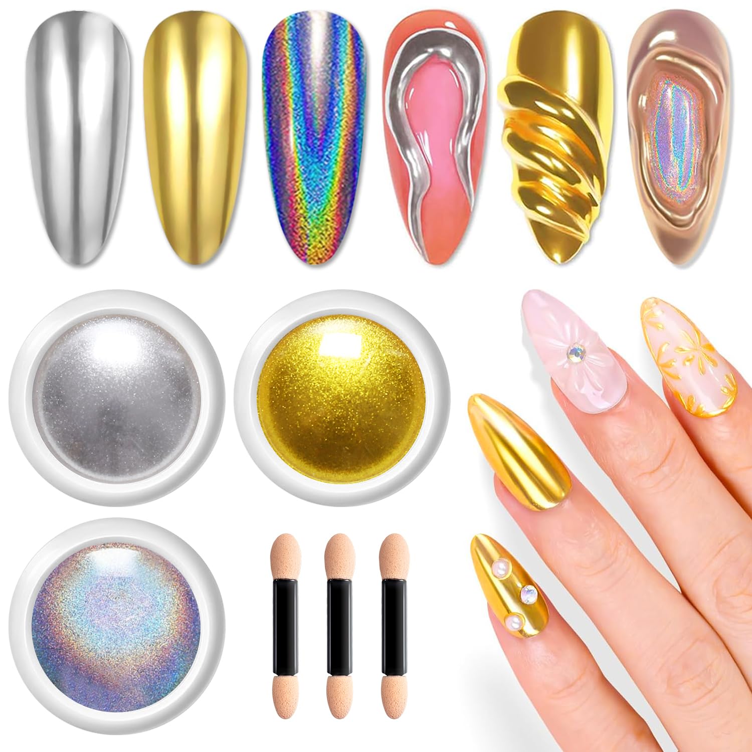 Silver Holo Chrome Nail Powder - LEDSUUEI Metal Gold Nail Chrome Powders, Super Magic Mirror Chrome Powder for Nails Glitter Powder, 3g Nails Pigment Powder for Nail Art: Easy DIY Deco Salon at Home