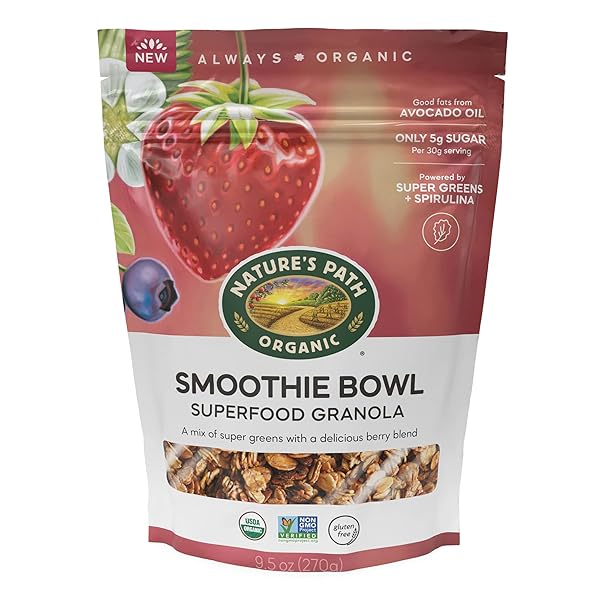 NATURE’S PATH ORGANIC SUPERFOOD SMOOTHIE BOWL GRANOLA, 9.5 OZ (PACK OF 1), WITH BERRIES & SUPER GREENS, GLUTEN FREE, NON-GMO