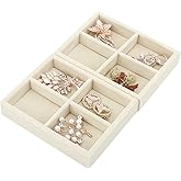 DesignSter Small Jewelry Tray-Ring Organizer 2PCS Premium Velvet Rings Earrings Display Tray Storage Insert Holder for Jewelry Box, Drawer, Dresser (4 Grids, Beige)