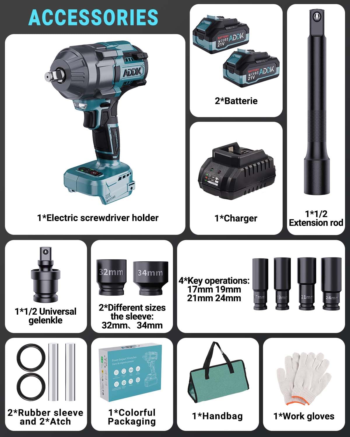 ADWOLT 1600N.M Akku Schlagschrauber 21V 2x4.0Ah Batteries Bürstenloser 6-Gang-Getriebe 2600RPM Drehschlagschrauber, Elektrischer Schlagschrauber für LKW Auto Reifenwechsel 9