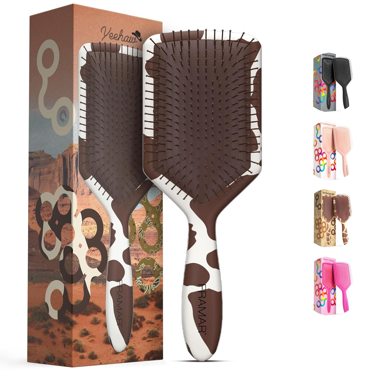 Framar Paddle Brush for Thick, Curly Hair - Detangling Hairbrush for Women - Wet Hair Detangler - Cow Print