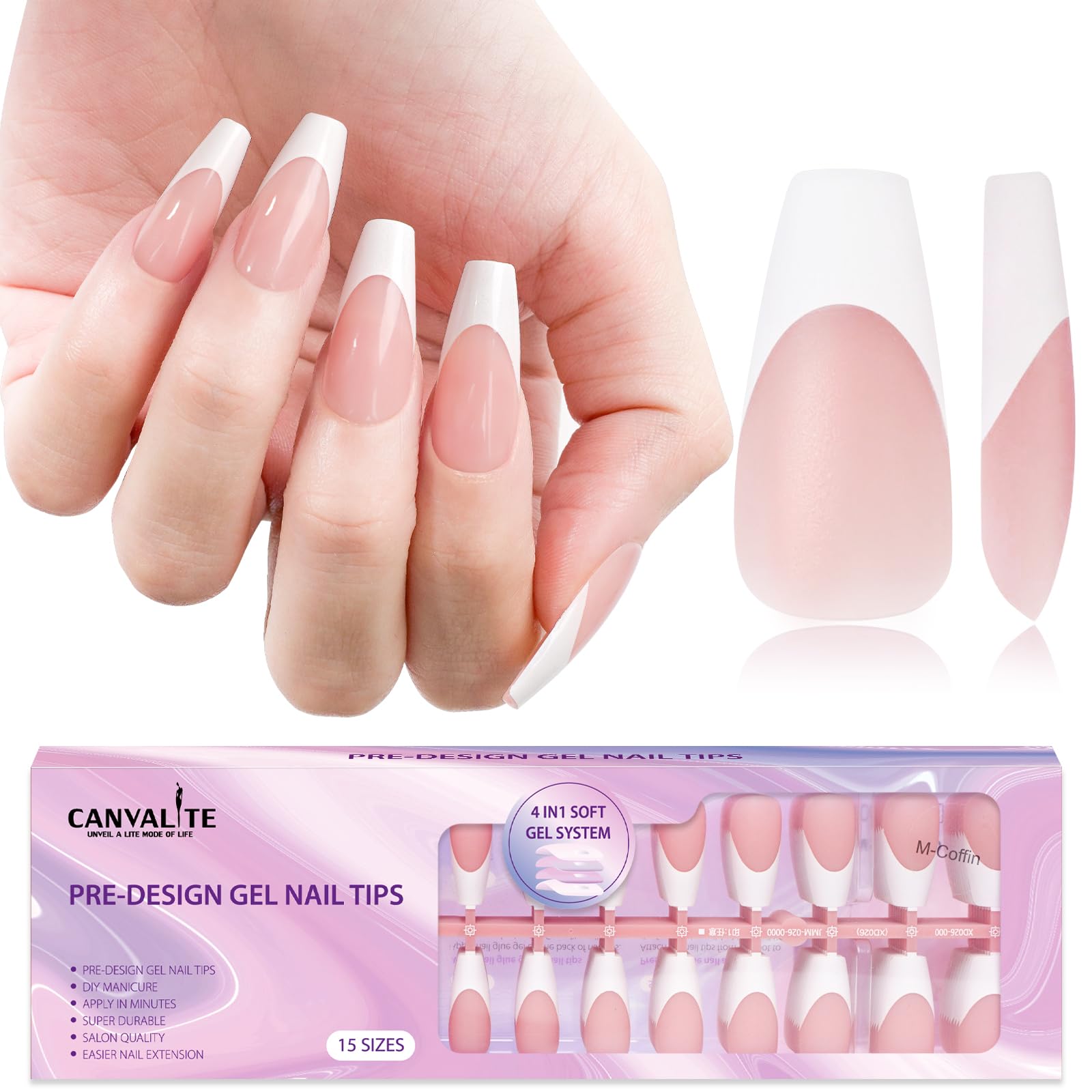 Photo 1 of Canvalite French Tip Press on Nails Gel Nail Tips - 300Pcs Pre-Colored Quick and Easy Fake Nails with Designs Coffin Nails Tips Press on Nails Long DIY Nail Extensions, Pink White