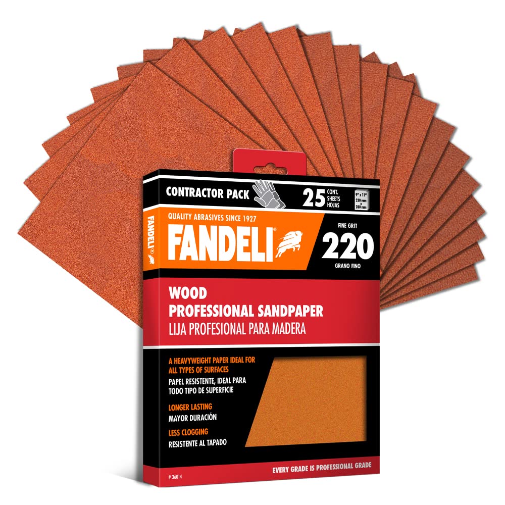 Fandeli | Wood Sanding Paper | 220 Grit | 25 Sheets of 23 x 28 cm | Sanding Wood by Hand | Ideal for Orbital Sander
