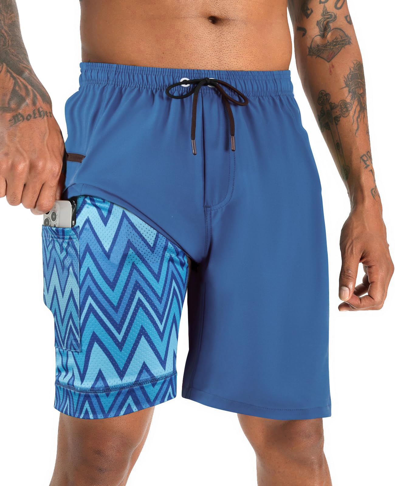 Photo 1 of APTRO 2 in 1 Men's Swim Trunks 9" with Zipper Pockets Bathing Suit Built-in Board Shorts Swimwear Long Shorts Blue 1X