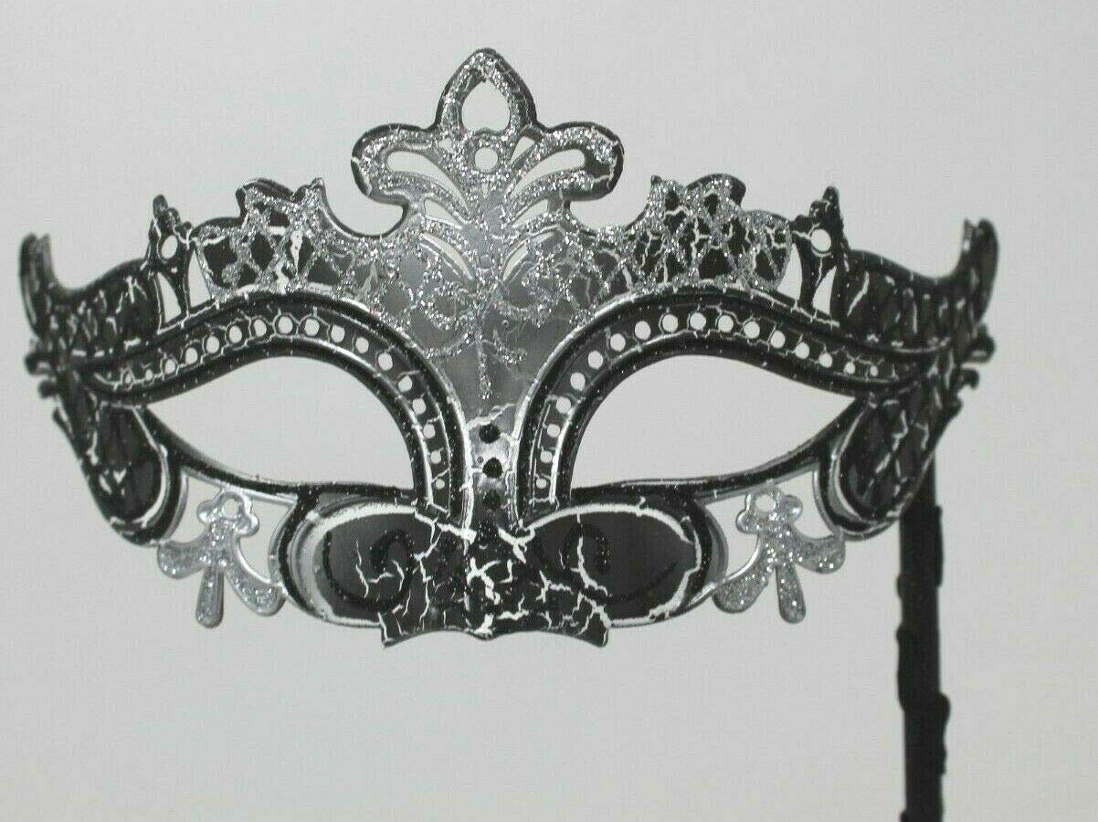MASK & CO Hand Held Ladies Quality Black and Silver Venetian Masquerade Party Ball Eye Mask on a Stick