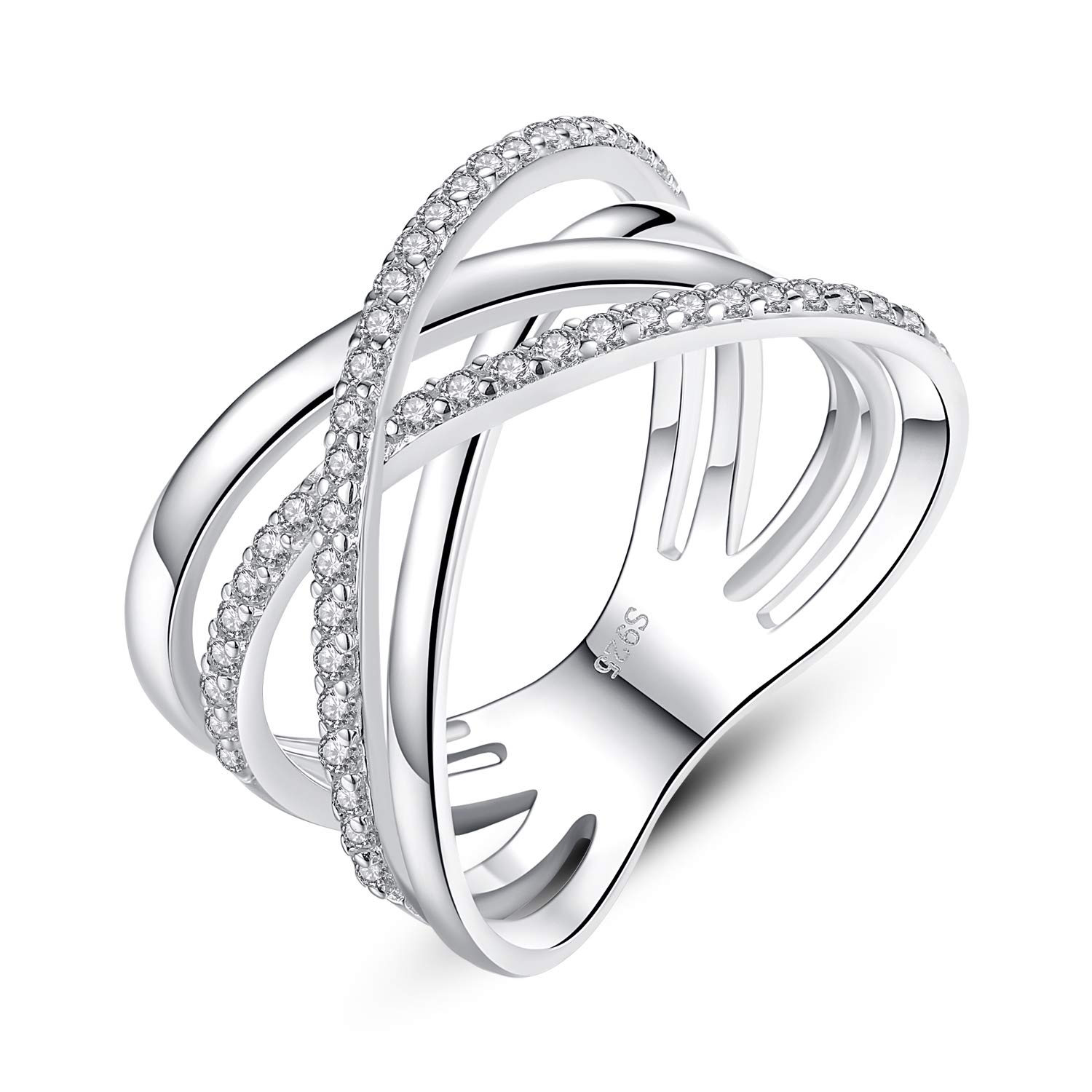 VIKI LYNN Women 925 Sterling Silver CZ 12mm Statement Band X Criss Cross Rings