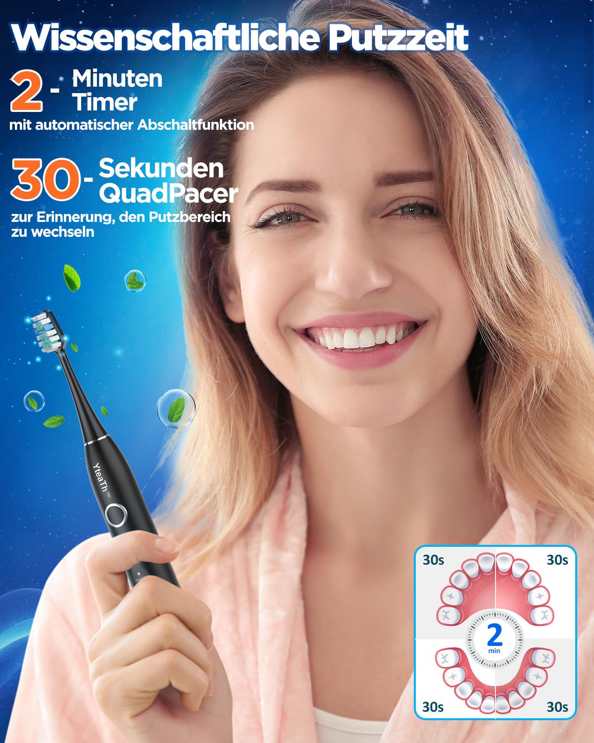YTEATH PRO Elektrische Zahnbürste, Schallzahnbürste für Erwachsene und Kinder Electric Toothbrush mit 8 Bürstenköpfen und Timer, 5 Putzmodi, Reiseetui, 120 Tagen Akkulaufzeit, 50,000vpm, Black 6