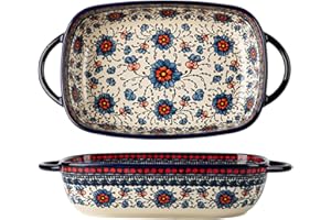 Bicuzat Vintage Style Pottery Bakeware Ceramic Casserole Dish Baking Pan Lasagna Pans Baking Dish with Handles for Oven/Cooking/Kitchen-1 PCS, Large Capacity, 60 OZ