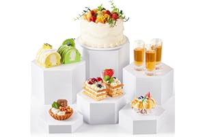 Leinuosen 6 Pcs Large Buffet Risers, 5.5 to 8 Inch Catering Dessert Table Risers Food Decorative Stands with hollow bottom for Catering Supplies, Party(White, Hexagonal)
