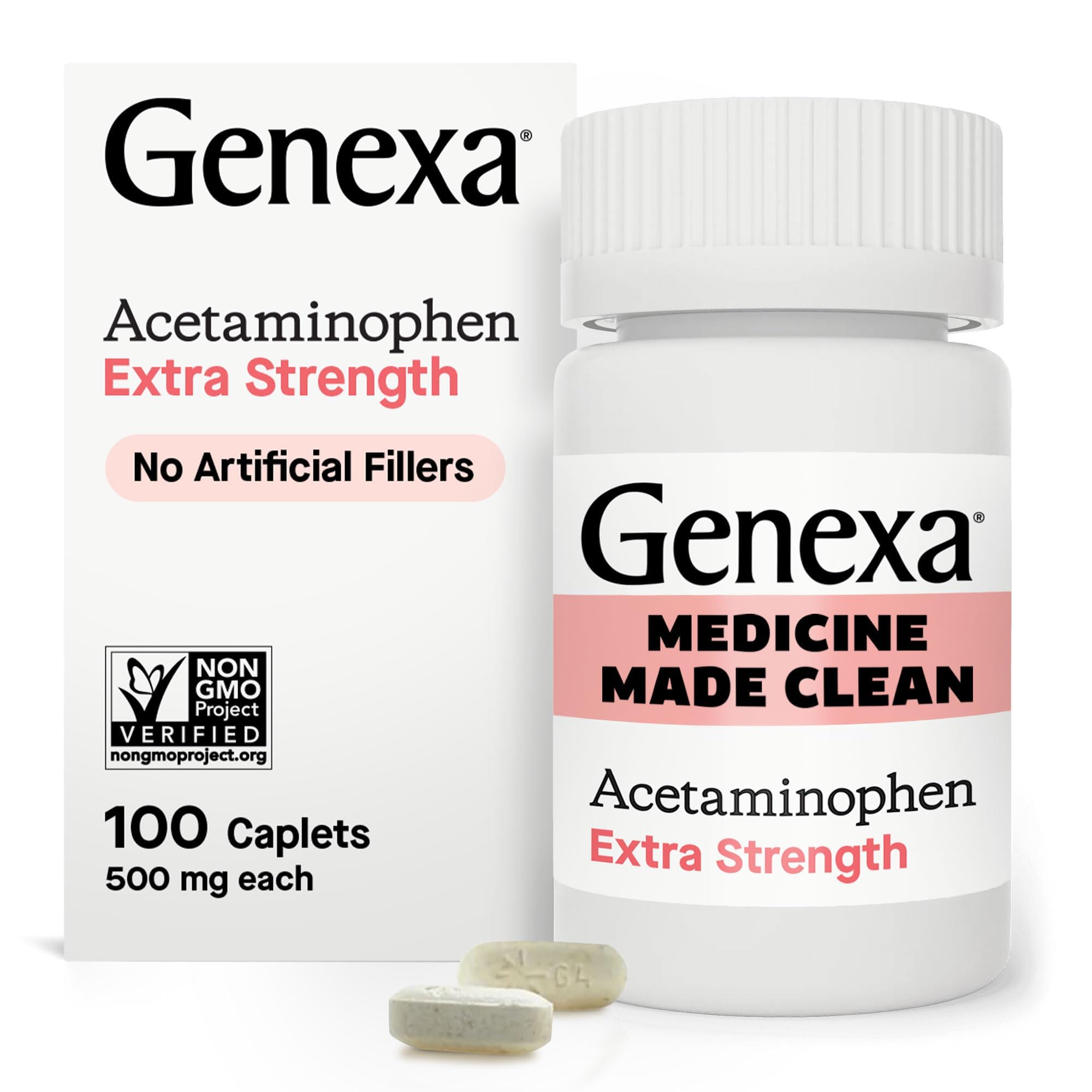 Genexa Clean Acetaminophen 500mg Extra Strength, Dye Free Pain Reliever Fever Reducer, 0% Artificial Additives, Pain Medicine for Adults, Relieves Headache, Backache, Minor Arthritis Pain, 100 Tablets