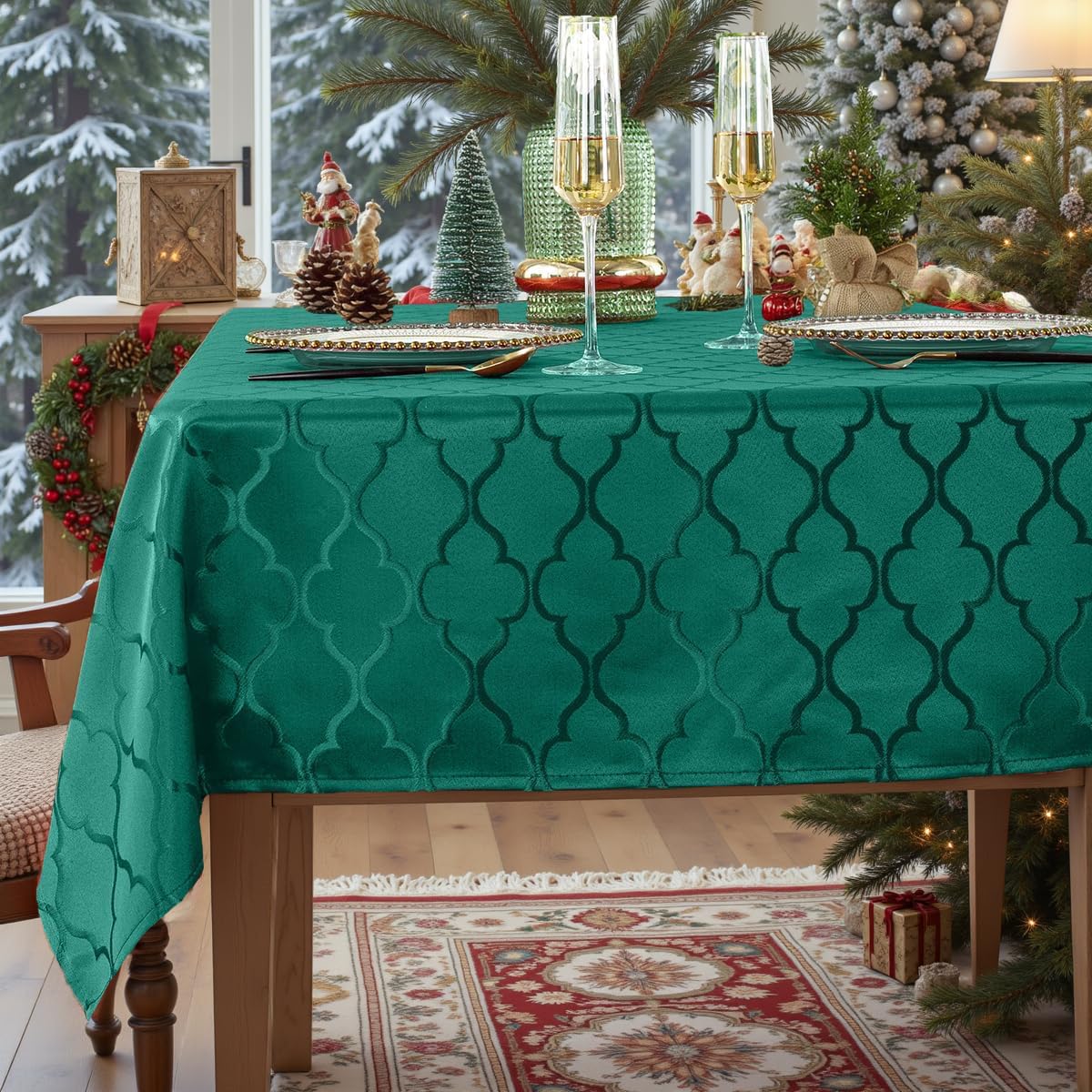 SASTYBALE Christmas Tablecloth Flower Jacquard Table Cloth Spill Proof Dust-Proof Wrinkle Free Polyester Table Cover for Xmas Santa Holiday Winter (Rectangle/Oblong, 152 x 213 CM (6-8 Seats), Green) — image 1
