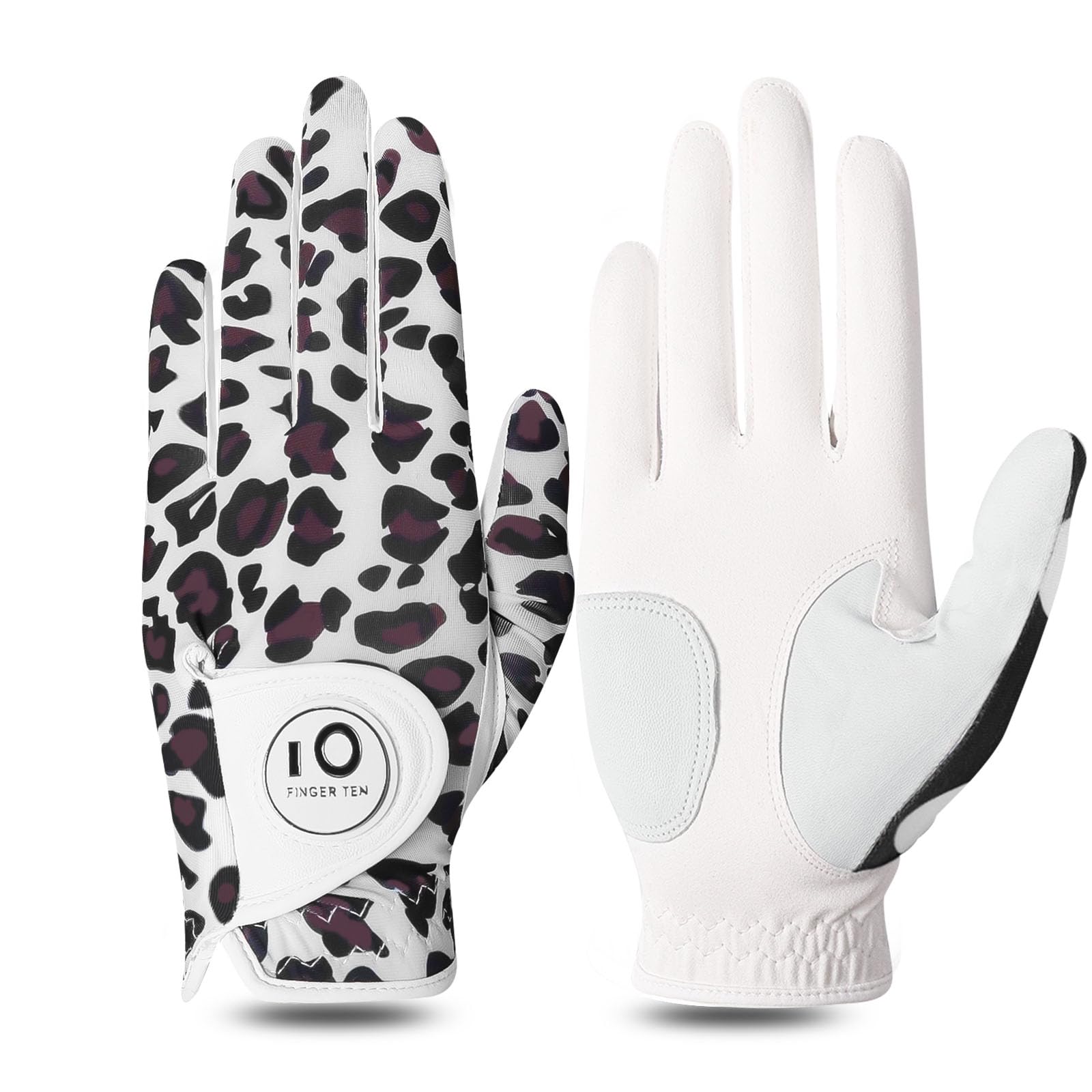 Golf Gloves Women Left Hand Right Cabretta Leather with Ball Marker Full Finger/Nail Colors Value Pack, Ladies Golf Glove Fashion Weathersof for Perfect Swing (Leopard Full Finger,S-Worn on Left Hand) — image 1