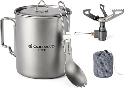 Odoland 750ml Titanium Mugs 1900W Stove Camping Set with Lid Spork