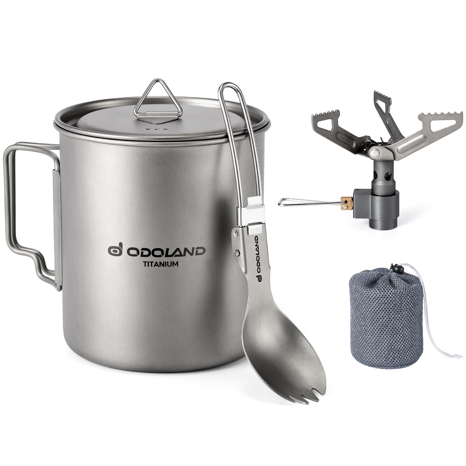 Odoland 750ML Titanium Mugs, 1900W Ultra Light Titanium Mini Stove, Camping Coffee Cup with Lid and Spork, Foldable Handle for Camping, Hiking, Traveling and Backpacking