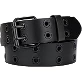 SANSTHS Women Double Grommet Studded Belts, Black Leather Belt for Women Men Punk belt