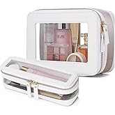 Pinkmik Clear Makeup Bag with Brush Case Travel Toiletry Bag Waterproof Cosmetic Organizer Car Essentials for Women (White,M+SLIM-1)