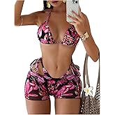 WDIRARA Women's Floral Print 3 Piece Bikini Set Halter Triangle String Swimsuit with Swim Shorts
