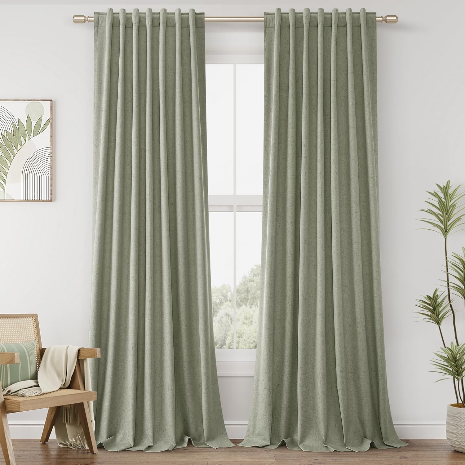 Guken 100% Blackout Linen Curtains 110 Inch Wide by 52 Inch 2 Panels Set for Living Room Bedroom Back Tab Thermal Insulated Black Out Linen Drapes Room Darkening Window Curtains, Sage Green Image