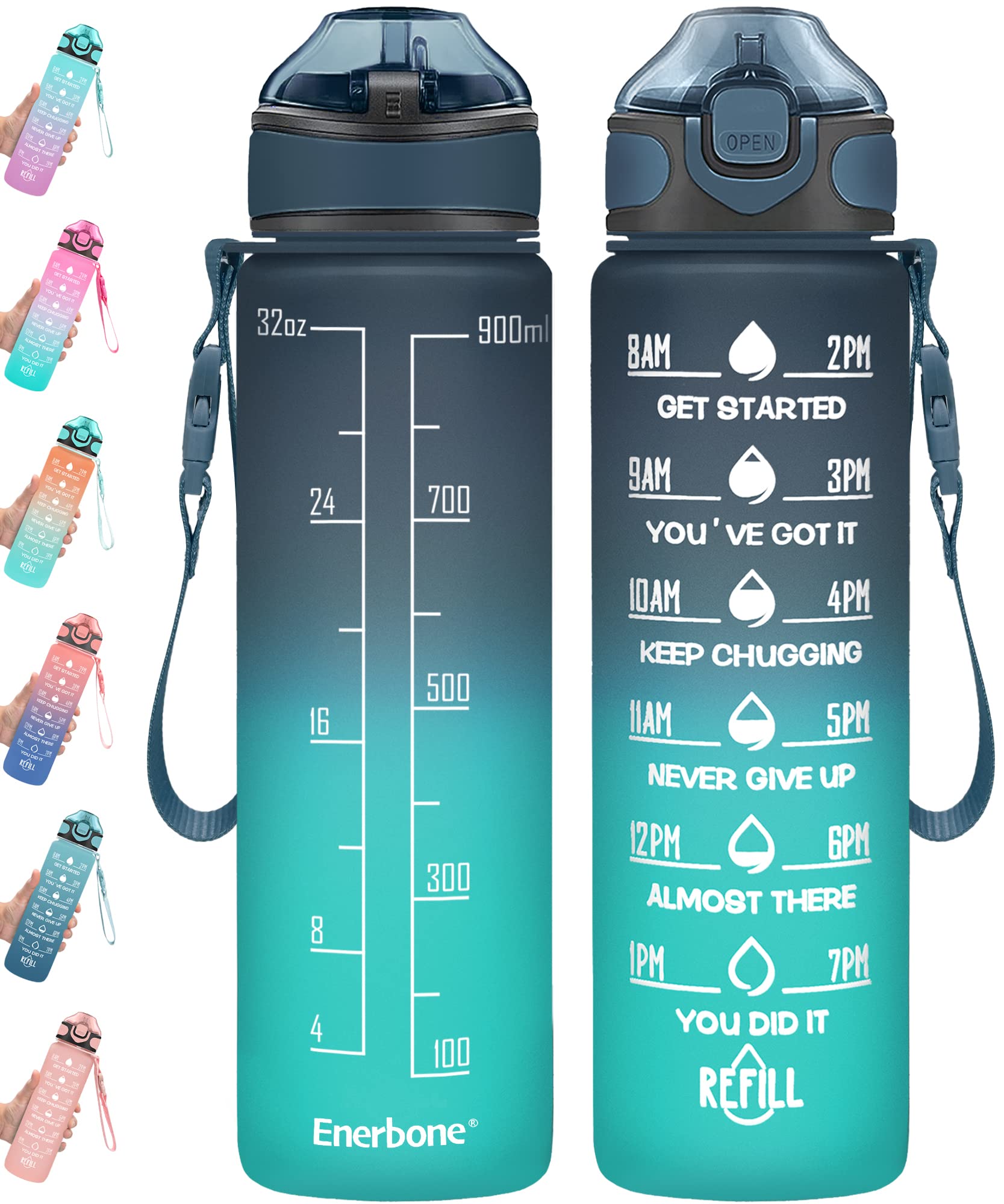 Photo 1 of Enerbone 32 oz Drinking Water Bottle with Times to Drink and Straw, Motivational with Carrying Strap, Leakproof BPA & Toxic Free, Ensure You Drink Enough Water for Fitness Gym Outdoor