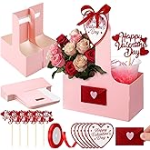 Tinlade 20 Set Valentine's Day 2 Cup Drink Carrier with Handle Pink Coffee Cup Flowers Holders with Picks Card Ribbon Cute Mini Felt Envelopes for Valentine Gift