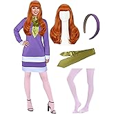Women Costume Long Sleeve Purple Mini Dress with Scarf Headband Socks for Halloween Party
