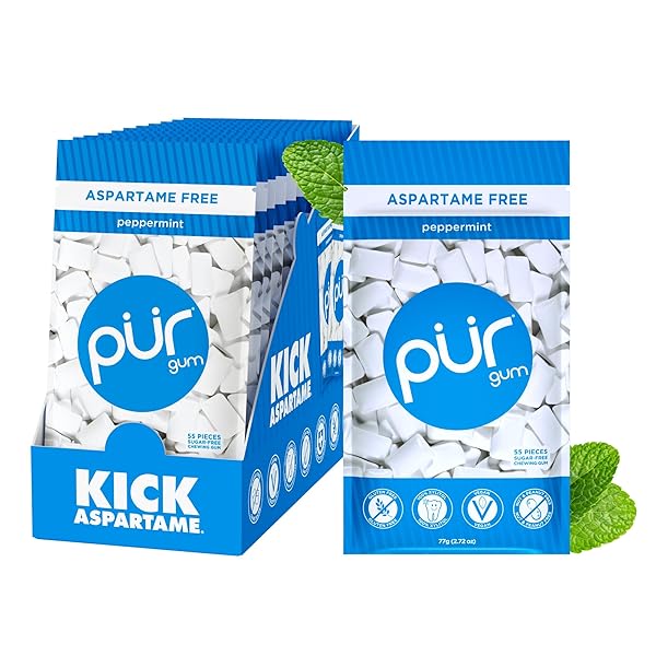 PUR GUM | ASPARTAME FREE CHEWING GUM | 100% XYLITOL | NATURAL PEPPERMINT FLAVORED GUM, 55 PIECES (PACK OF 12)