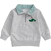 Gueuusu Toddler Baby Boy Fall Outfit Golf Embroidery Quarter Zip Sweatshirt Plaid Lapel Long Sleeve Collared Shirt