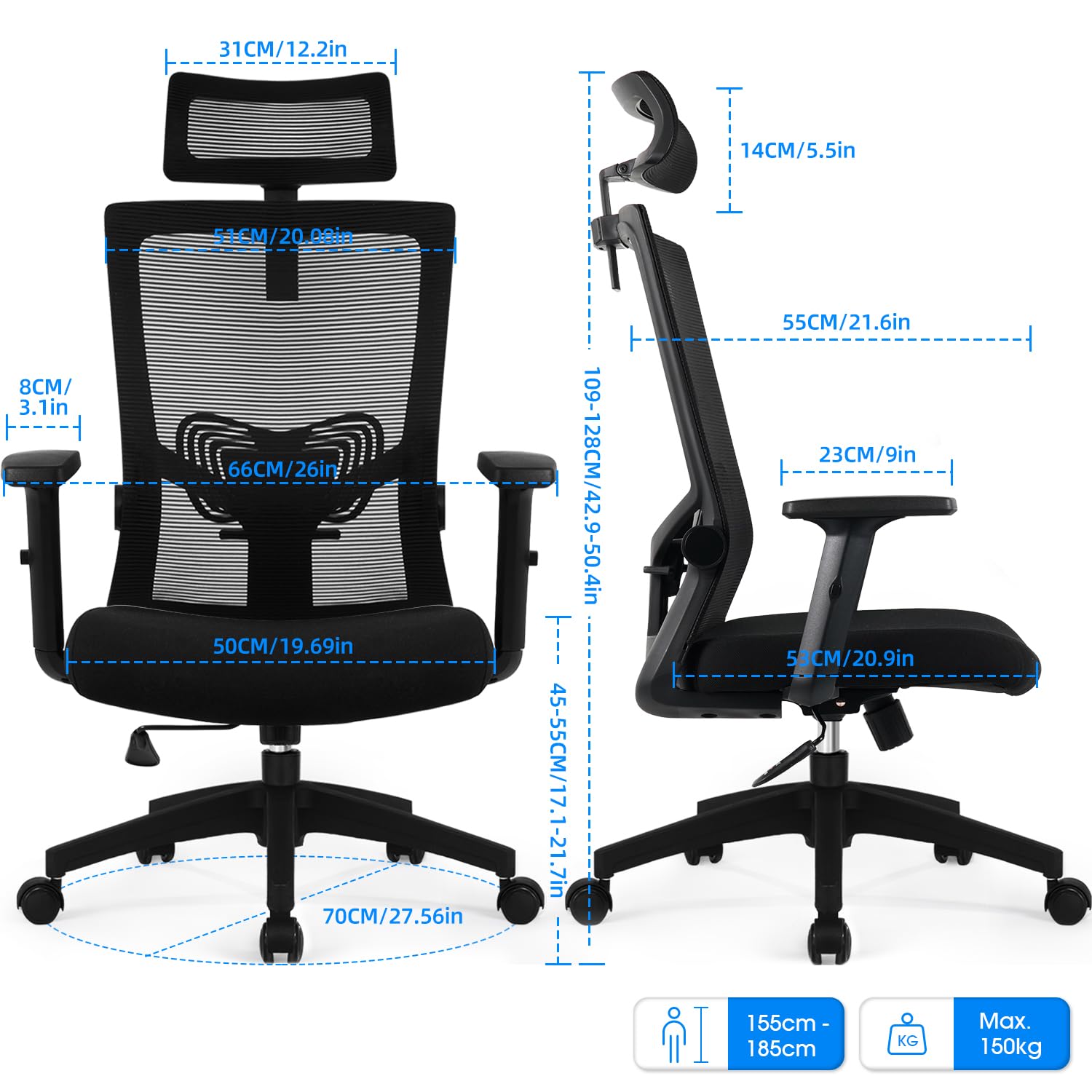 Daccormax Bürostuhl Ergonomisch, Schreibtischstuhl mit Verstellbarer Kopfstütze, Armlehnen, Lendenwirbelstütze, Drehstuhl Wippfunktion, Chefsessel aus Mesh,Rückenschonend, Bürostuhl 150kg 3