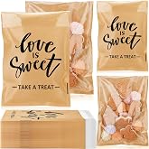 MotiMind 100 Pcs Clear Wedding Cookie Bags, Love Is Sweet Candy Bag | Cookie Bags with Front Paper Self Adhesive Kraft Paper Treat Candy Goodie Bag for Bridal Shower Party