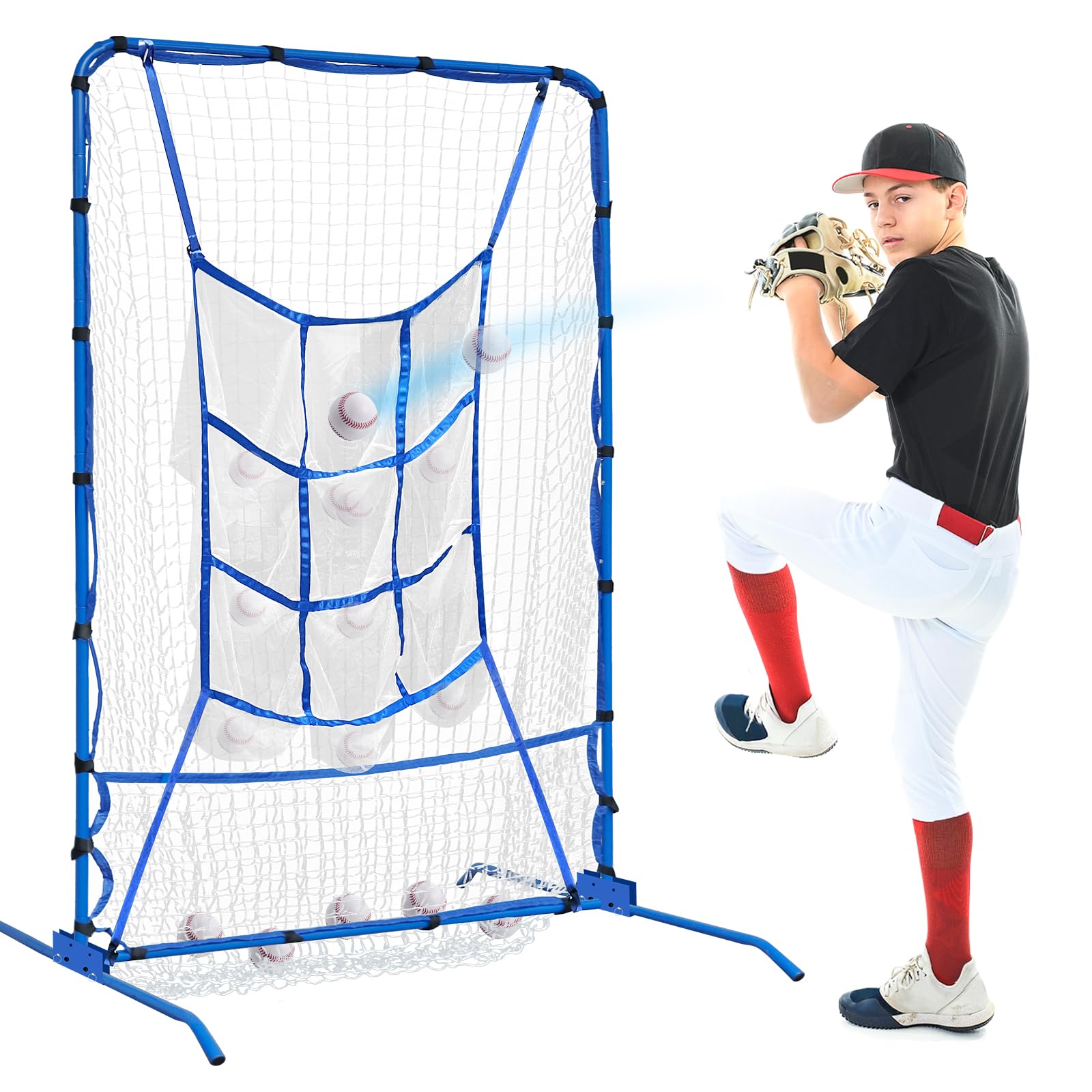 Photo 1 of 6FT Baseball Pitching net, 9-Pocket Pitcher Net with Strike Zone, Adjustable Height Target Throwing Trainer, Baseball Softball Practice Net with Carry Bag for Beginners/Professionals Outdoor Indoor