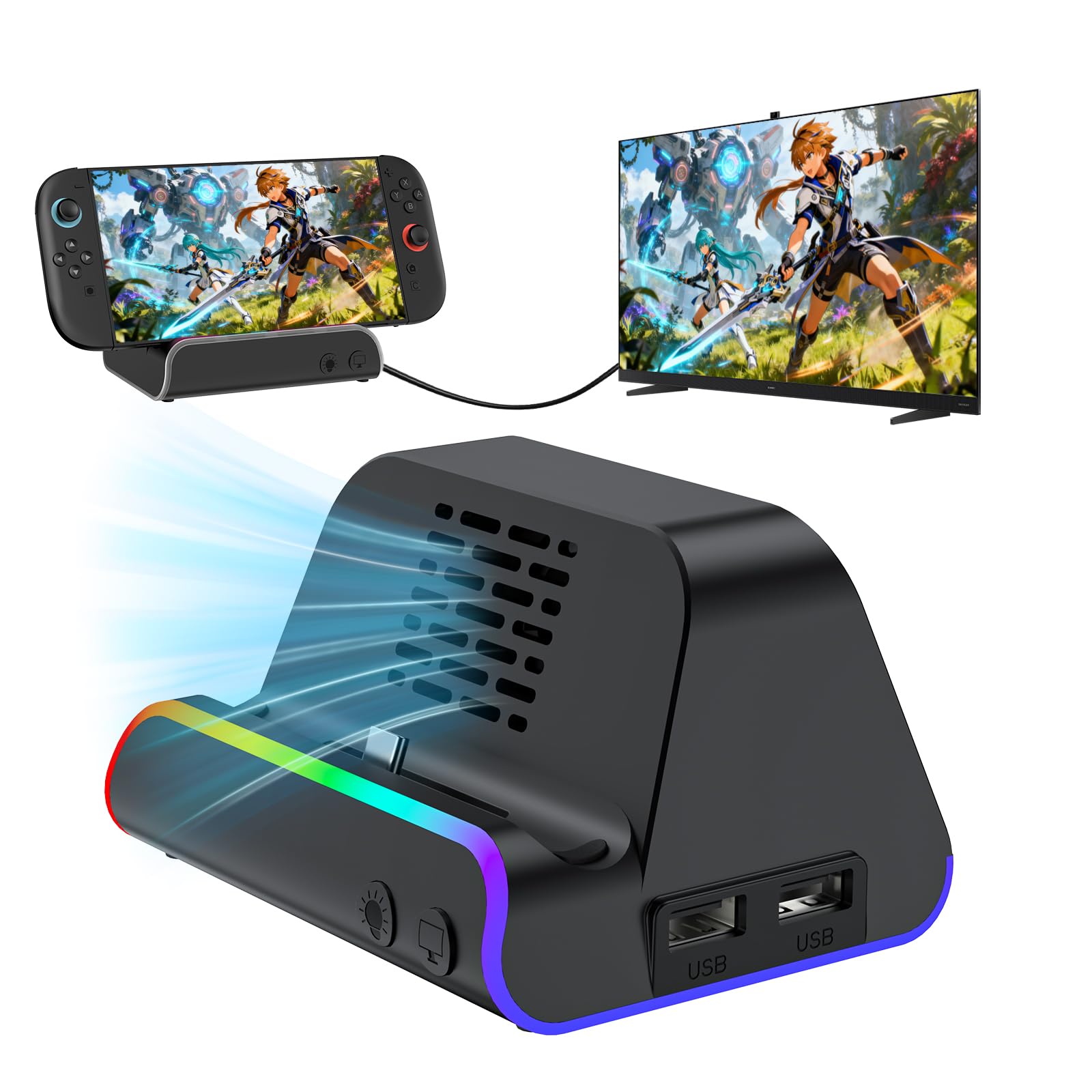 Switch 2 Dock Station, Switch 2 Portable TV Docking Station with Cooling Fan, 4K@120Hz HDMI Output, Dual USB Ports & Type-C Charging, Replacement Docking for Nintendo Switch 2
