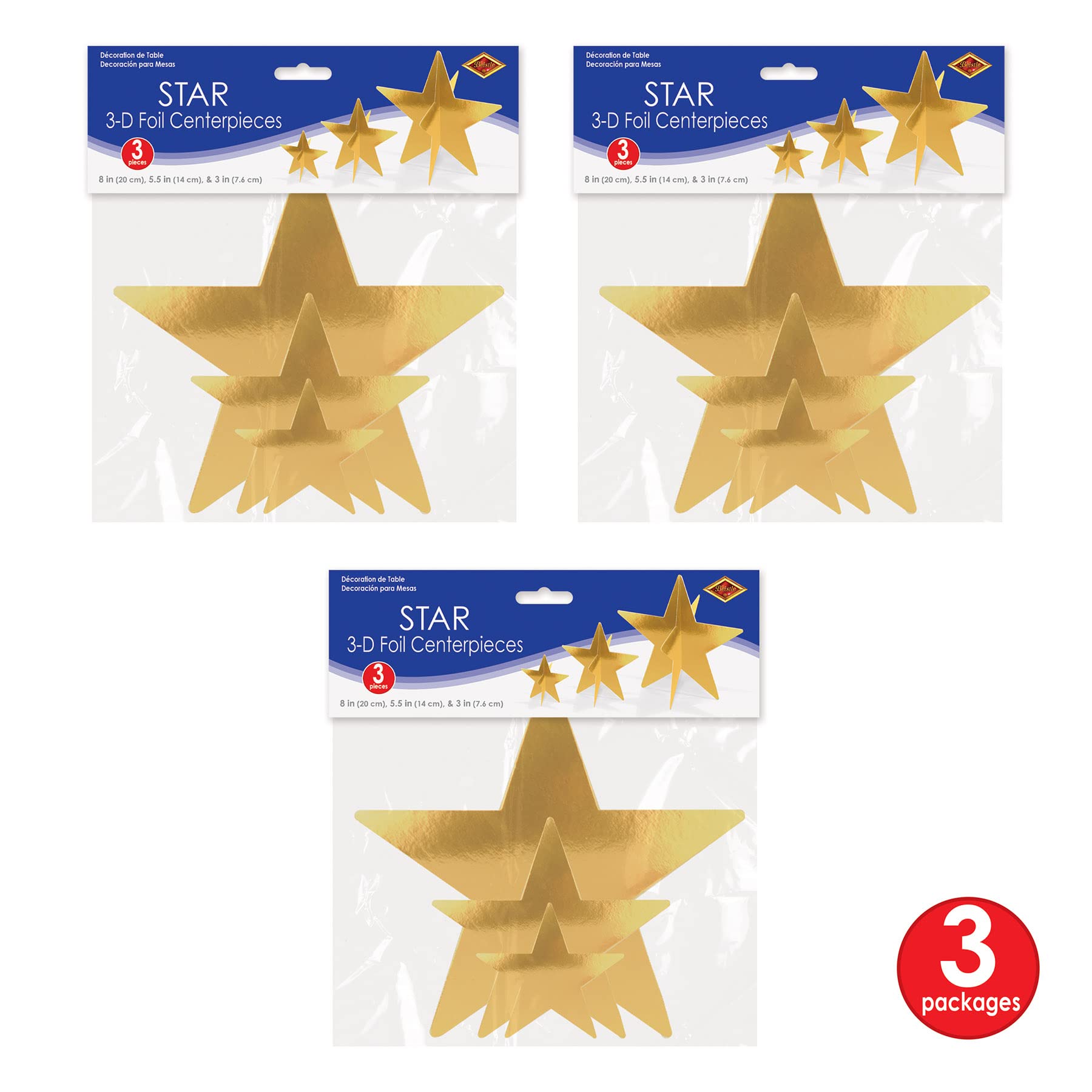 Beistle 9-Count 3-D Gold Star Centerpieces, Starry Night Decorations for Table in 3 Sizes, NYE Party Decor Cutouts & Celebration Table Accessories